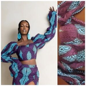 Nwot OFUURE African Print Puffy Sleeve Corset Top Aubergine Aqua Xs